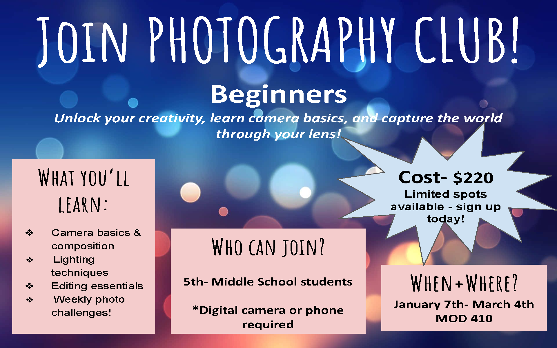 Enrichment - Photography Club w/ Ms. Luginbuehl (5th-8th)