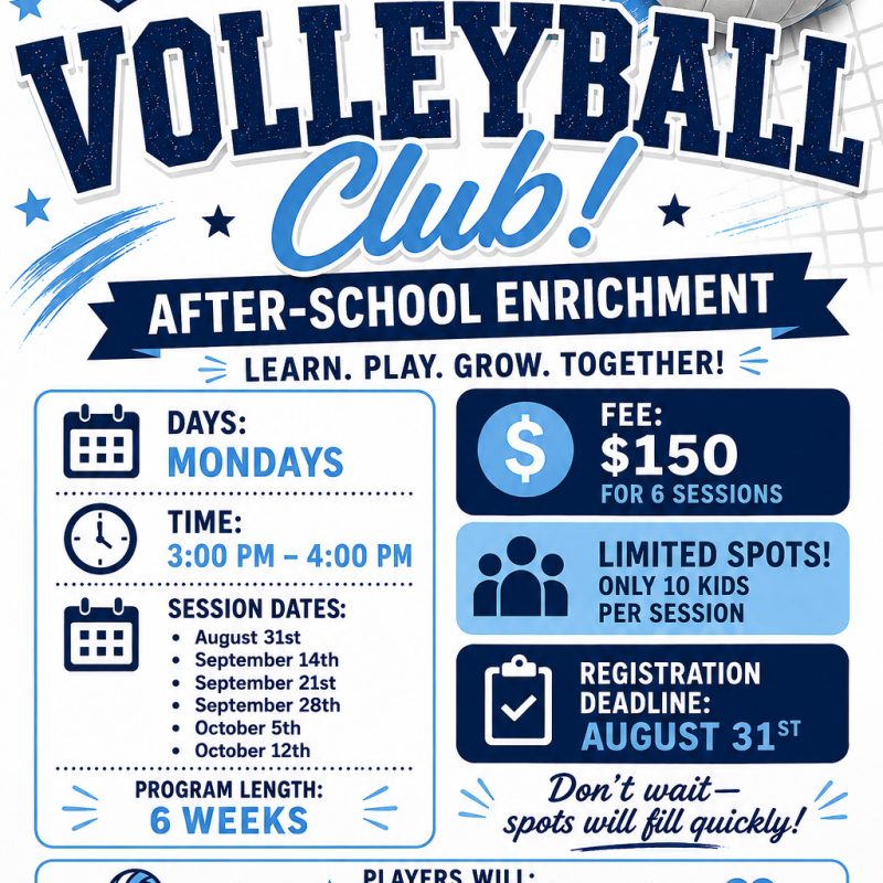Enrichment - Volleyball Club w/ Ms. Valerie (Pre-Prep ONLY) Mondays 8/31-10/12/2026