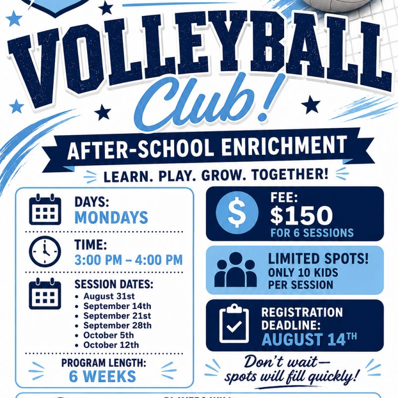 Enrichment - Volleyball Club w/ Ms. Valerie (Pre-Prep ONLY) Mondays 8/31-10/12/2026